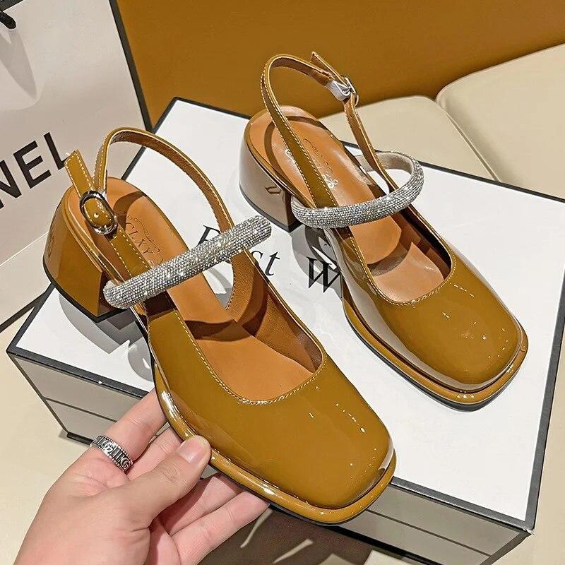 Est Soft Leather High-Heeled Mary Jane Shoes Women'S Spring And Summer Thick-Heeled Shoes With Buckle Straps Toe Sandals