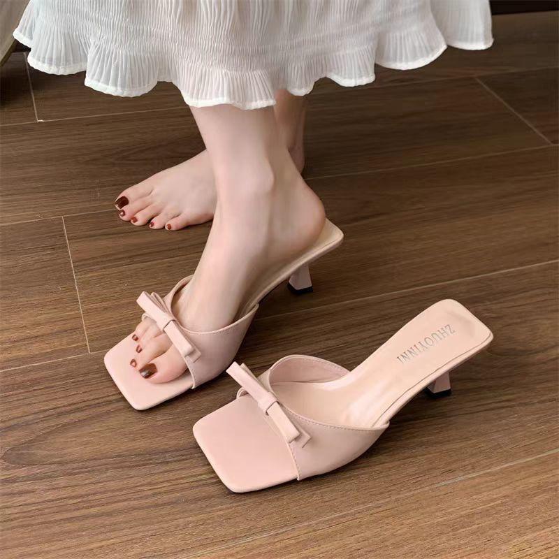 Summer 2025 New Elegant French Mid-heel Stiletto Sandals Breathable Lightweight Non-slip Bow Cool Slippers