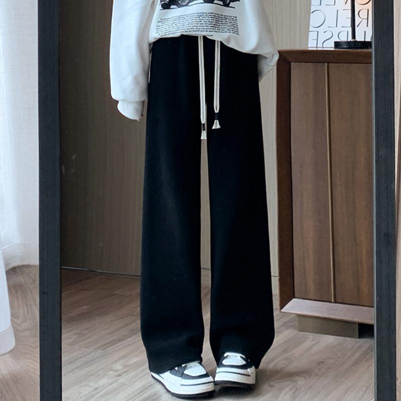 

Осенние флисовые повседневные широкие брюки для женщин, зимние утепленные прямые свободные брюки с высокой талией, женские элегантные плюшевые брюки на шнурке 25318 M