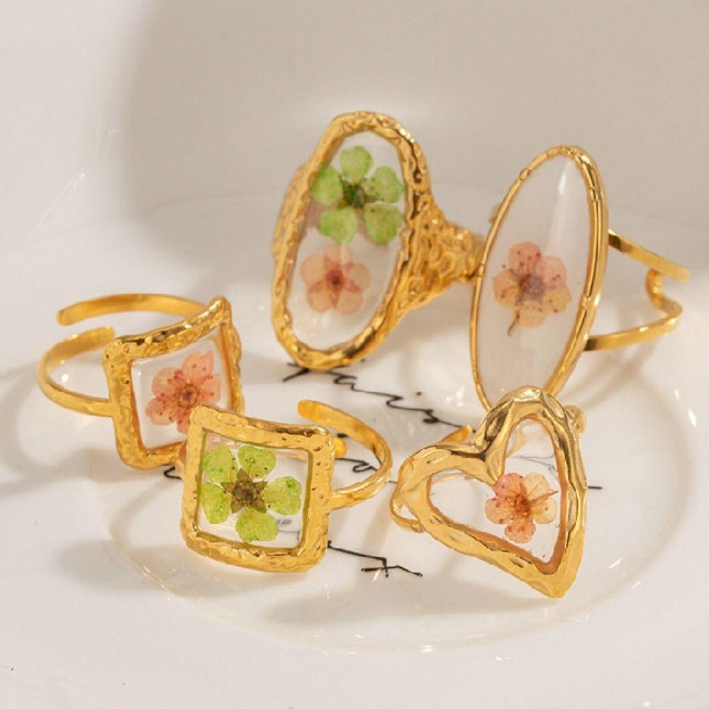 Geometric Summer Transparent Ring Stainless Steel Open Ring Retro Eternal Flower Ring  Couple