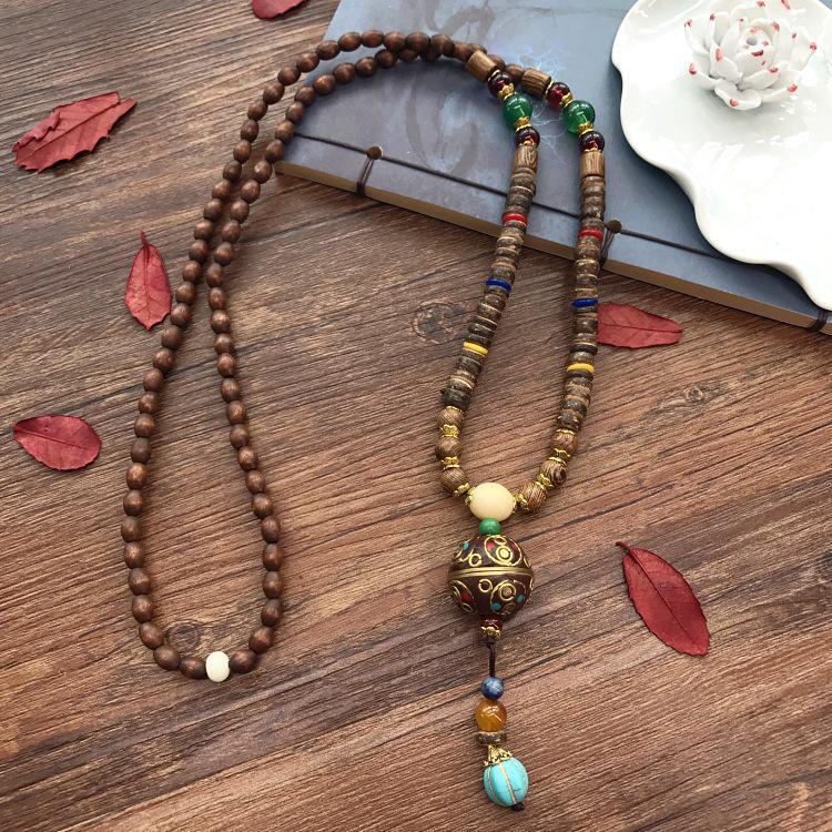 Colier lung etnic retro nepalez cu aripi de pui din lemn și margele Bodhi - Accesoriu de modă unisex