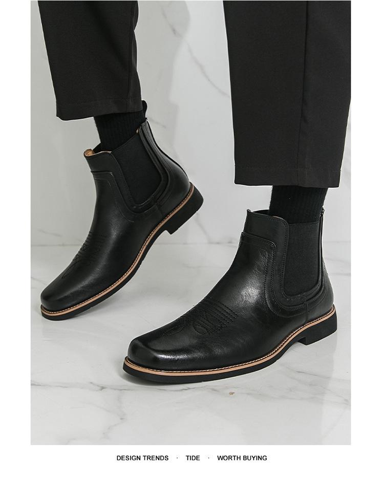 Men's Embroidered Leather Chelsea Cowboy Boots, Retro British Style, High-Top Slip-On, Short Winter Boots