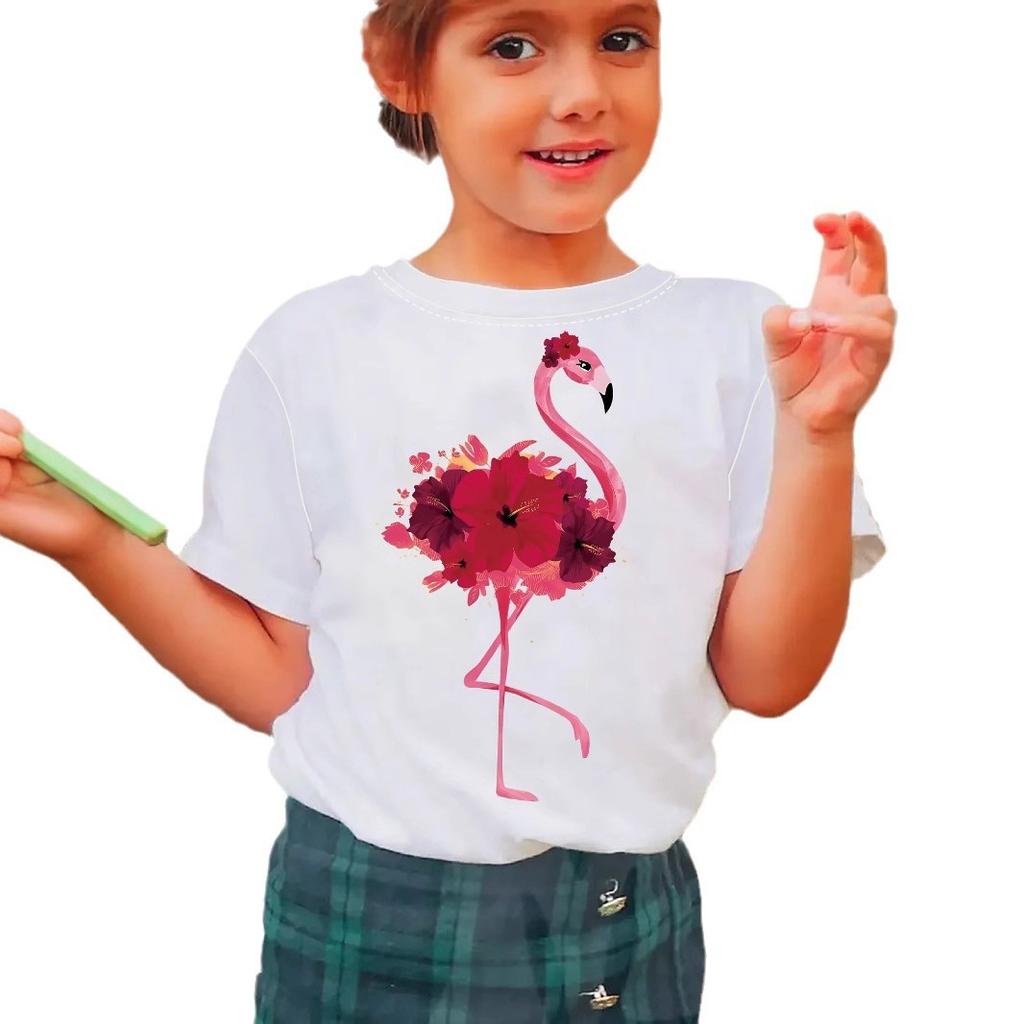 Tricou cu mânecă scurtă cu imprimeu Flamingo pentru fete Vară Tricou casual pentru copii