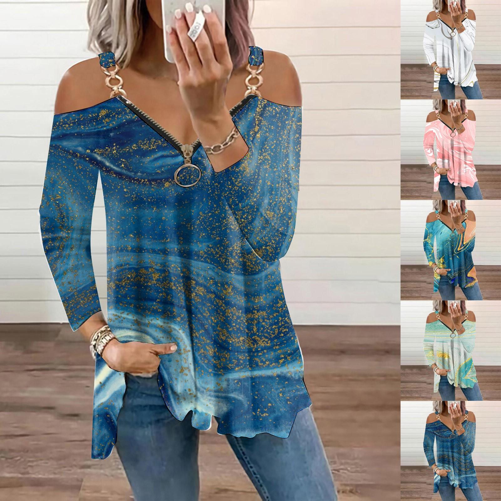 

Women s Fashion Casual Printing Suspender Zipper Off Shoulder Long Sleeve Top