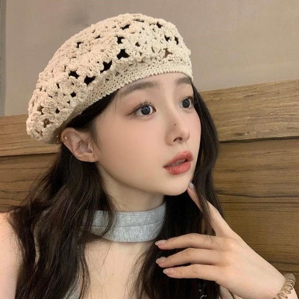 Breathable Hollowed Out Beret Thin Crochet Knitted Cap Brimless Flower Hat  Girls
