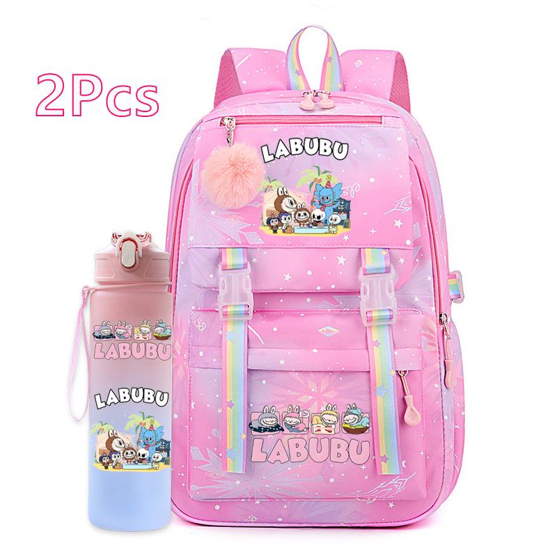 2Pcs/set Cute Printed Backpack with 750Ml Outdoor Sports Water Bottle Student Girl Boy Schoolbag Large Capacity Travel Bag Gift