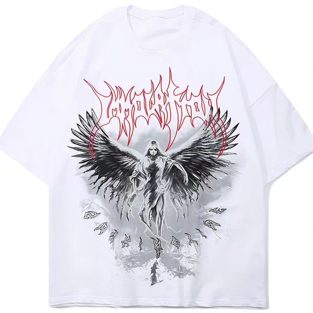 

Gothic Wing Pattern Printed Tshirt for Men Hiphop Street Retro 2D Print Pure Cotton Fabric Shortsleeved Tshirt 4XL