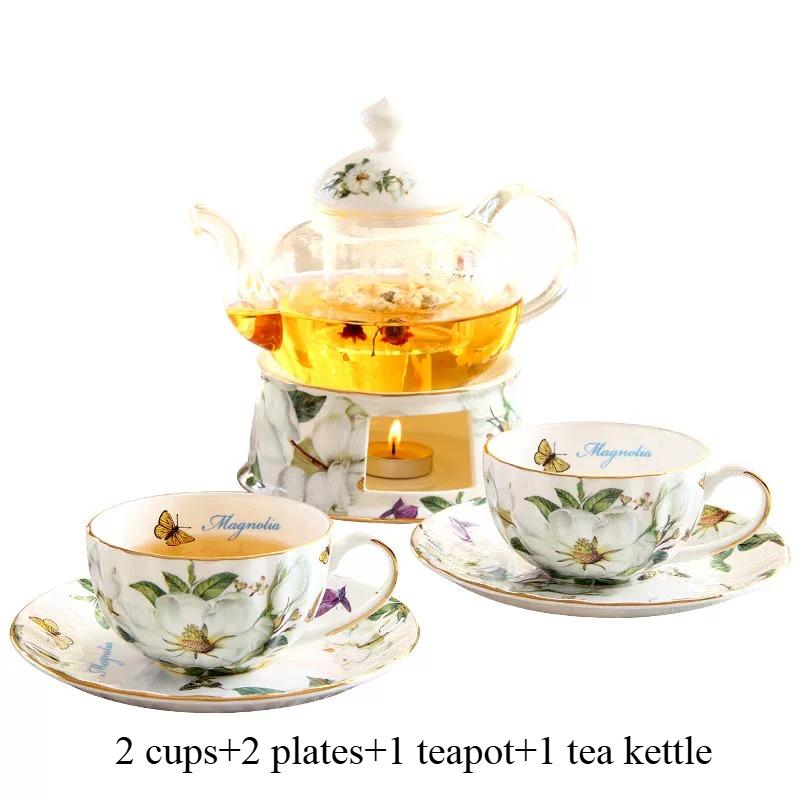 Magnolia Vlinder Bloemen Theeservies, Glazen Theepot met Onderzetter, Bone China Theekopjes Schoteltjes, Elegante Fruit Bloemen Theepot Set voor Afternoon Tea Huisdecoratie