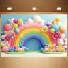 Levendige Regenboogbogen en Bloemenballon Achtergrond - Kleurrijke papieren bloemen, heteluchtballonnen en roze wolken