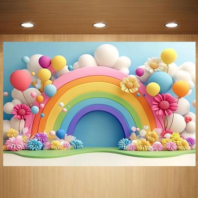 Vibrant Rainbow Arches and Flower Balloon Background - Colorful Paper Flowers, Hot Air Balloons, and Pink Clouds