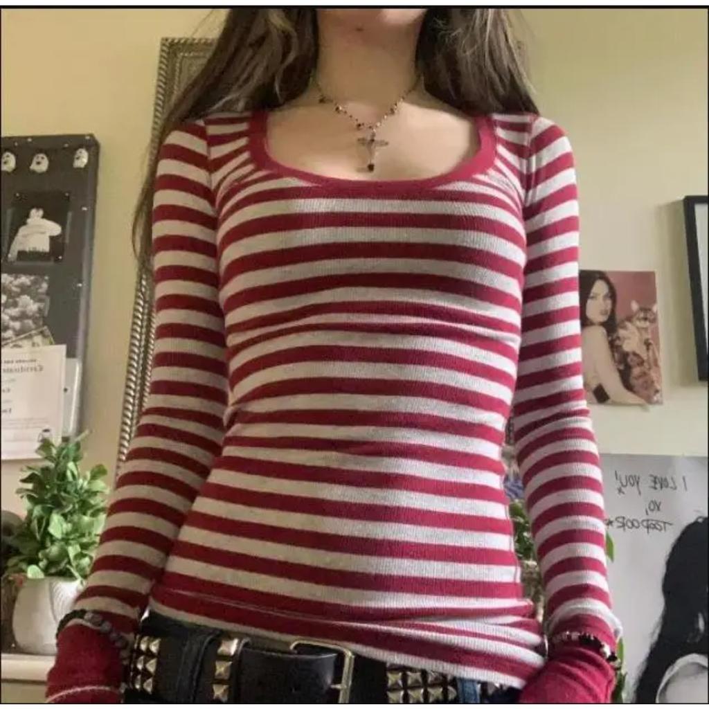 Women's Red and Grey Shirt Striped Long Sleeve Tops Grunge 2000s Fall Ribbed Soft Shirts