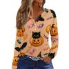 Women's Halloween Print Long Sleeve V-Neck T-Shirt with Decorative Buttons Casual Pullover Top