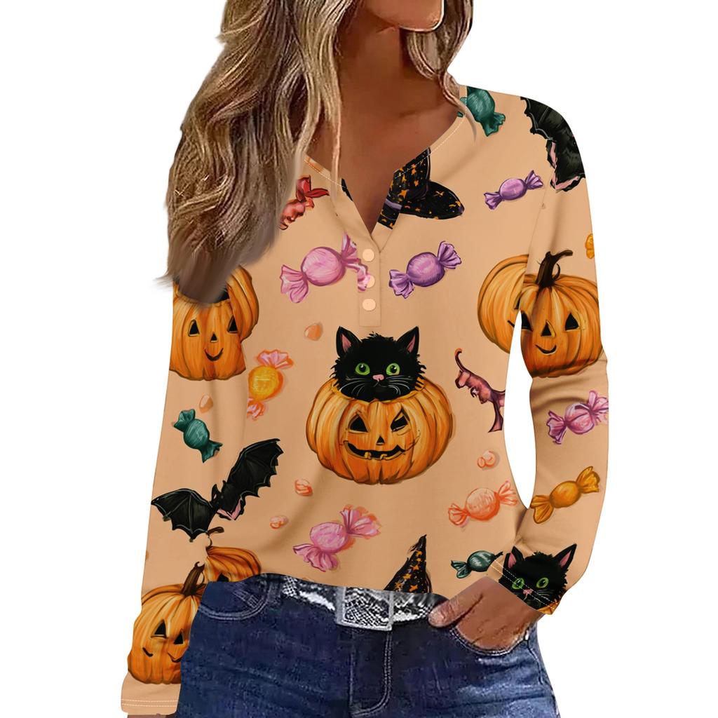Women's Halloween Print Long Sleeve V-Neck T-Shirt with Decorative Buttons Casual Pullover Top