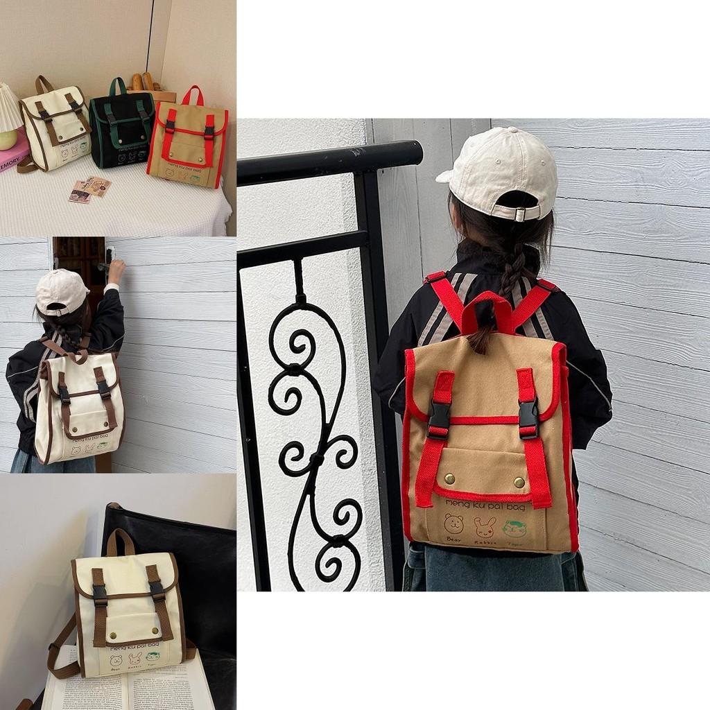 Charming Two-tone Canvas Backpack Featuring Playful Animal Designs For Kids