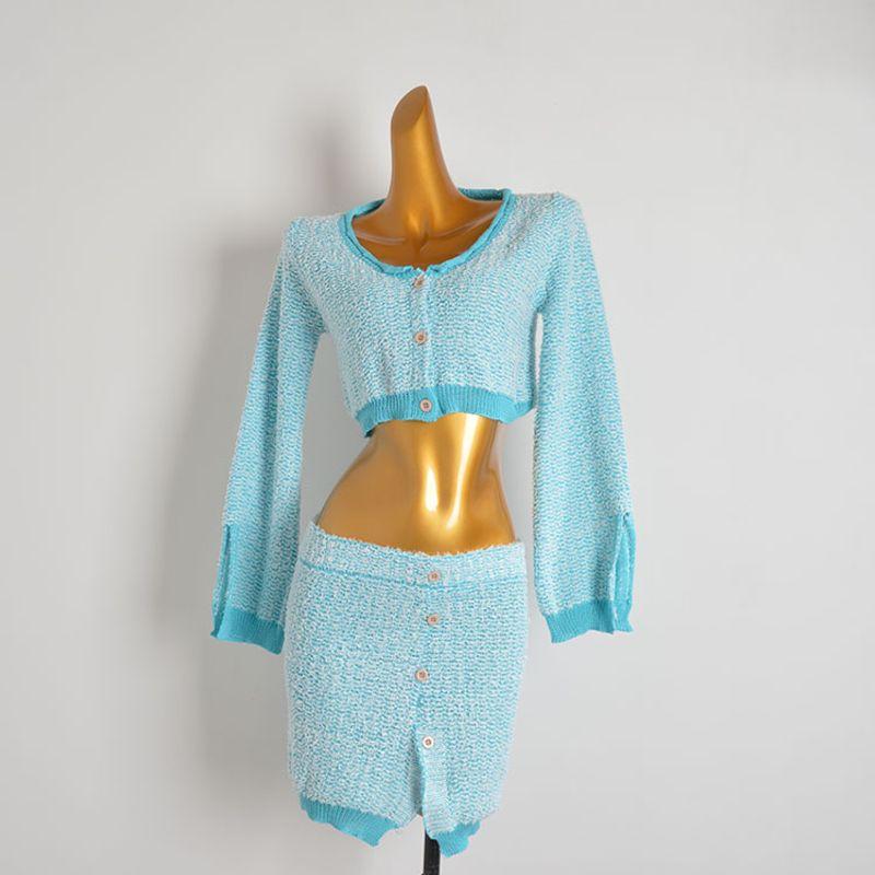 

Ленивый стиль с длинным рукавом, короткий вязаный свитер, кардиган, женский костюм-двойка, облегающая белая юбка с разрезом на бедре Blue Suit One size