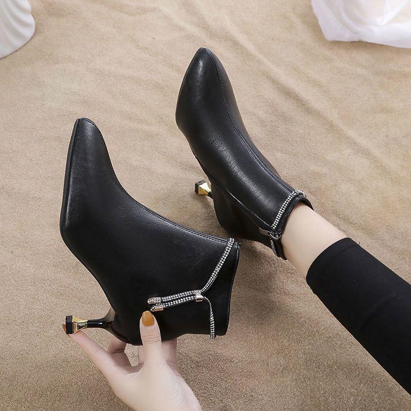 Pointed Toe Heeled Ankle Boots for Women Autumn Winter Leather Fleece-Lined Booties Designer Luxury Trend 2025 Woman Short Shoes