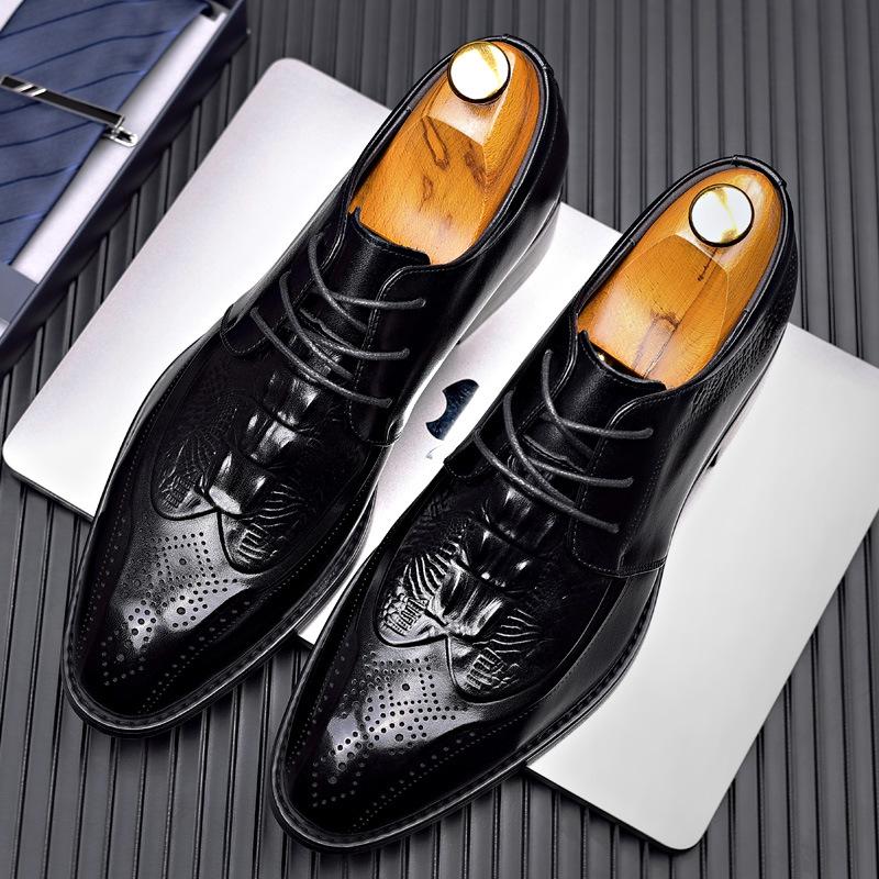 

Leather shoes young men 2025 new crocodile pattern first layer cowhide dress pointed leather shoes 2025 38 чёрный