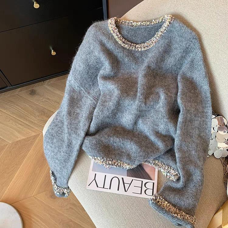 

Grey lace pullover mohair sweater women s autumn and winter new loose retro lazy wind soft waxy knitted sweater XL серый
