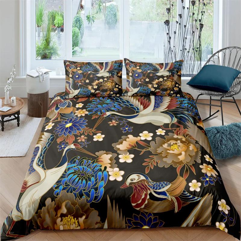 Japanese Crane Duvet Cover King Queen Size Wave Flower Ukiyo-e Style Bedding Set Eastern Culture 2/3pcs Polyester Quilt Cover