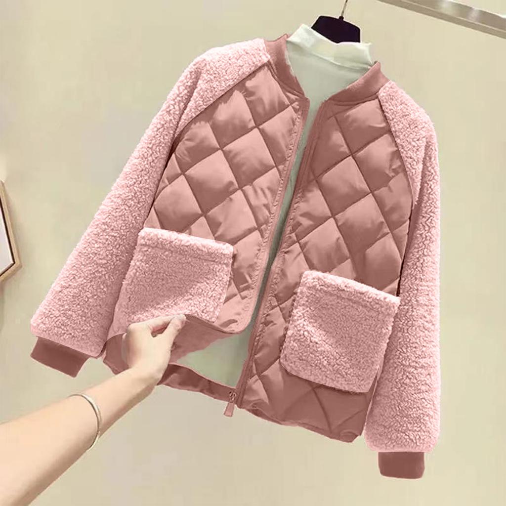 Womens Quilted Baseball Jacket Long Sleeve Thickened Cotton Padded Outerwear Zip Front Lightweight Warm Casual Coat