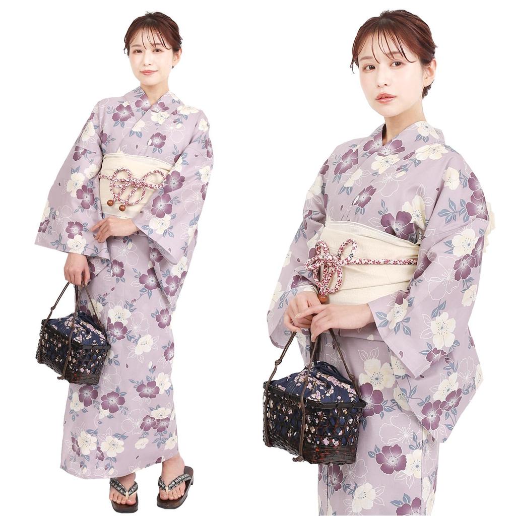 Zestaw Yukata Fuuka z Obi Wolny Kwiat Wiśni i Fioletowy Wyprodukowano w X23H18B104 Damski Dwuczęściowy (Heko Obi), Zestaw dwuczęściowy, Rozmiar, (Heko Obi, Japonia,