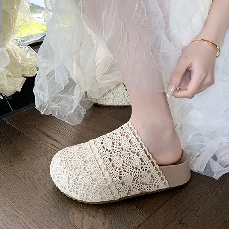 Lace Hollow Mesh Shoes with Skirt Comfortable Non-slip Slippers 2025 Summer New Thick-soled Bag Head Sandals Outside