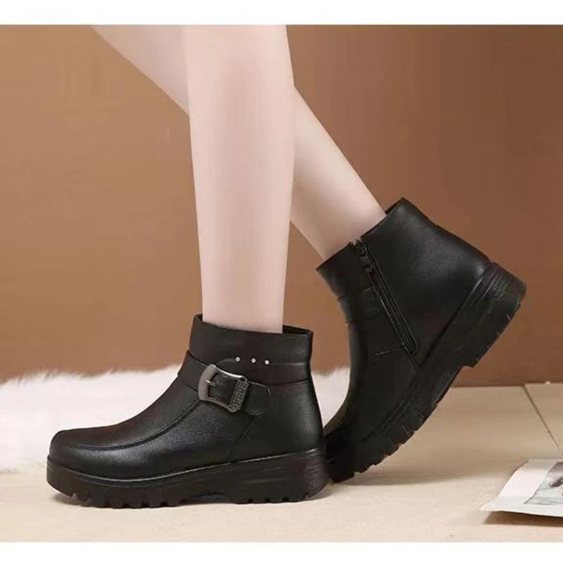 2024 Winter New Leather Boots Woman's Gaobang Flat Bottom Shoes Trend Warm Cotton Shoes Soft Bottom Non-slip Wool Women Boots