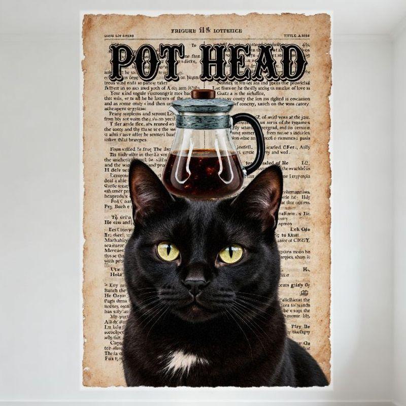 

Vintage Black Cat with White Patch Chest Pot Head Glass Carafe Coffee Tea Metal Tin Sign - Funny Whimsical Newspaper Background 20x30cm（7.8x11.8inch）