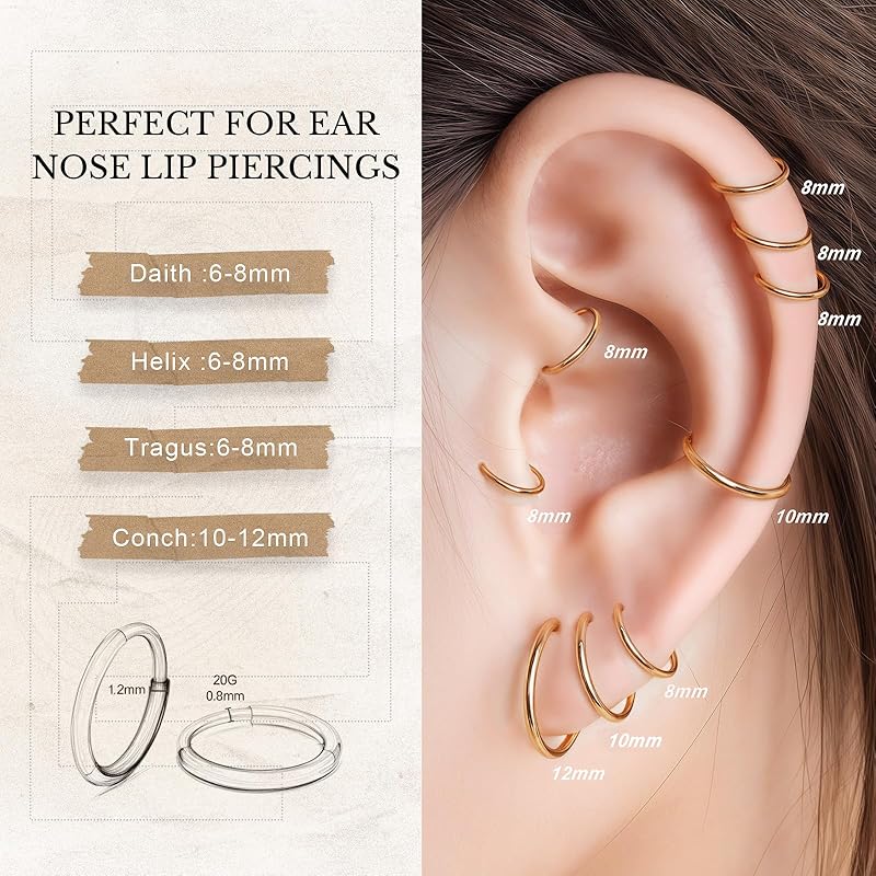 [limerencia] Medical Use Pure Titanium Piercing, Hypoallergenic Titanium Huggie Hoop Earrings Set G23 Piercing Cartilage Piercing Set for Women's