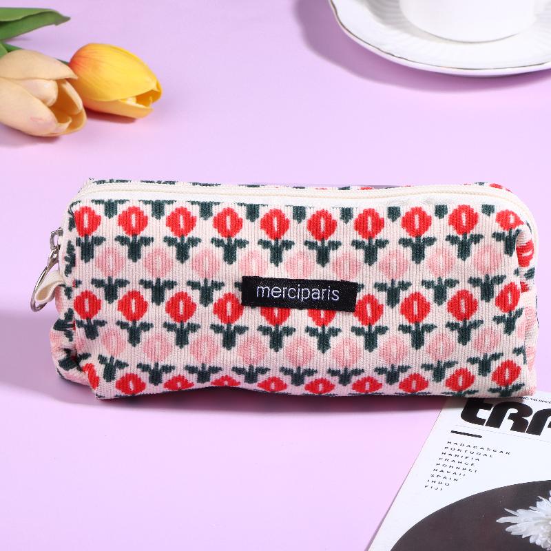 Vintage Corduroy Federmäppchen Retro Blumenmuster Federtasche Große Kapazität Schreibwaren Tasche Für Schüler Büro Make-up Aufbewahrung
