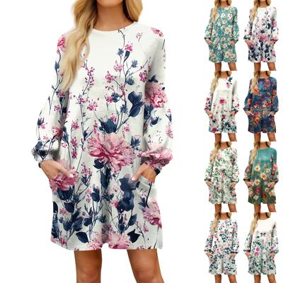 Fashion Womens Long Sleeve A Line Dress Fall Casual Pullover Crewneck Loose Fit Dress With Pockets