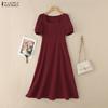 ZANZEA Women Casual Square Collar Elegant Short Sleeve Long Dress