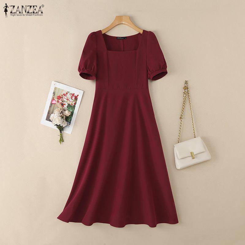 ZANZEA Women Casual Square Collar Elegant Short Sleeve Long Dress