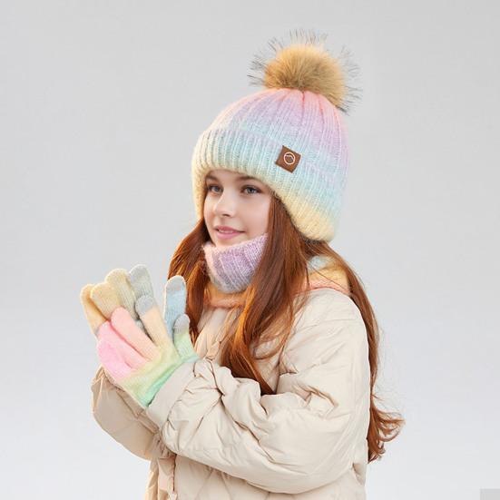 3Pcs/Set Kids Winter Knitted Scarf Gloves Set Pom Pom Ball Rainbow Color Brimless Hat Touchscreen Gloves Neck Warmer Set
