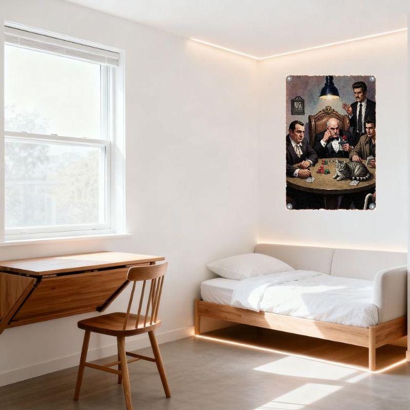 Vintage Mafia Poker Game Metal Tin Sign, Dimly Lit Room Striped Tabby Cat On Table, Gangster Tuxedo Men with Gun, Big Ops Sign W