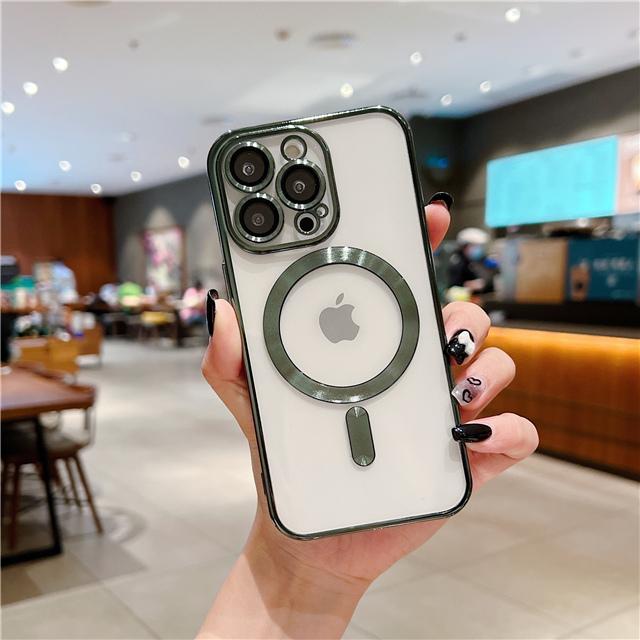 For iPhone 15 16 Pro Max Luxury Magsafe Magnetic Plating Frame Transparent Phone Case For iPhone 11 12 13 14 15 Plus Lens Cover