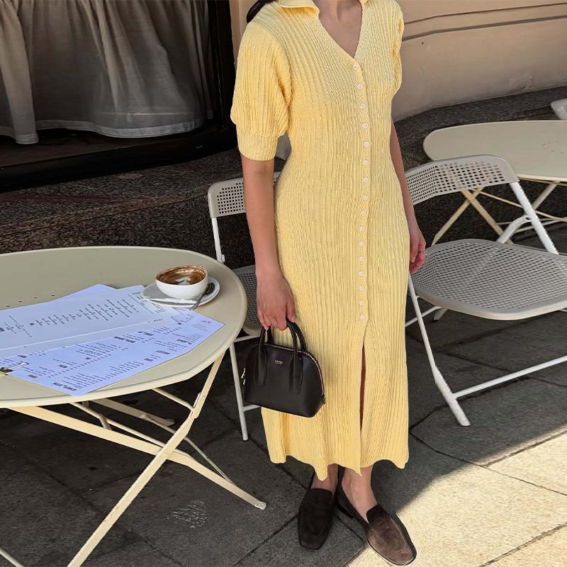 Slit Long Cardigan Knit Dress Women Fashion Short Sleeve Patchwork High Waist Maxi Dress Street Casual Y2K Dress 2025 summer autumn
