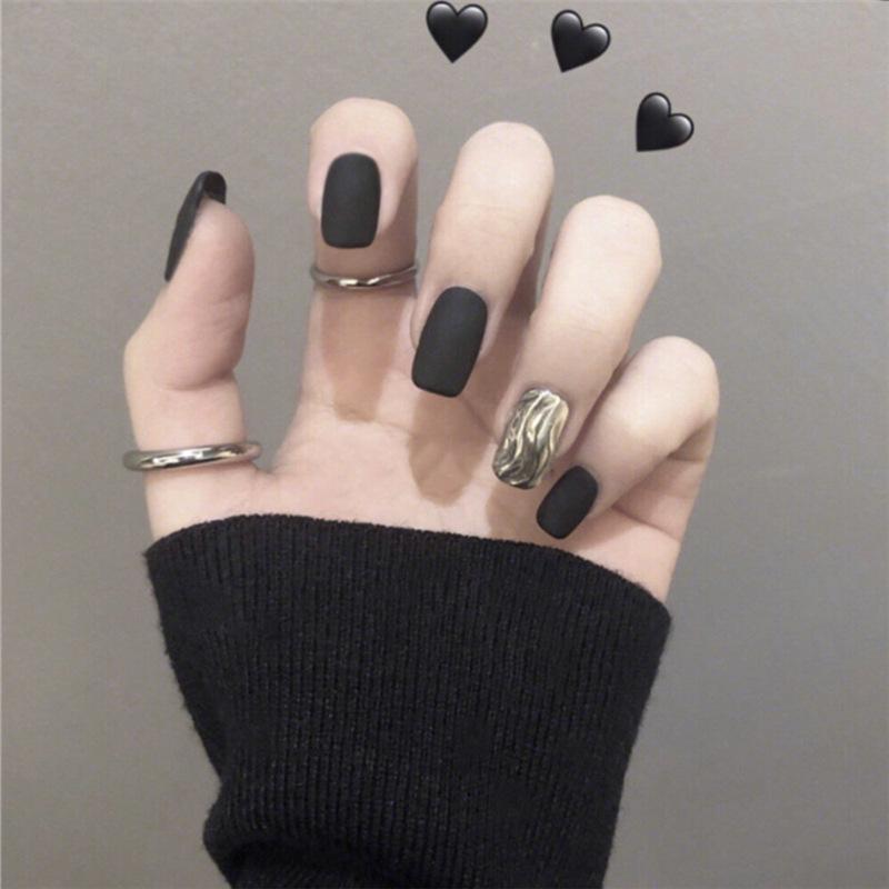 24Pcs Frosted Smoky Black Ripple Fake Nails Full Coverage Removable Press On Nails Finished Nail Stickers