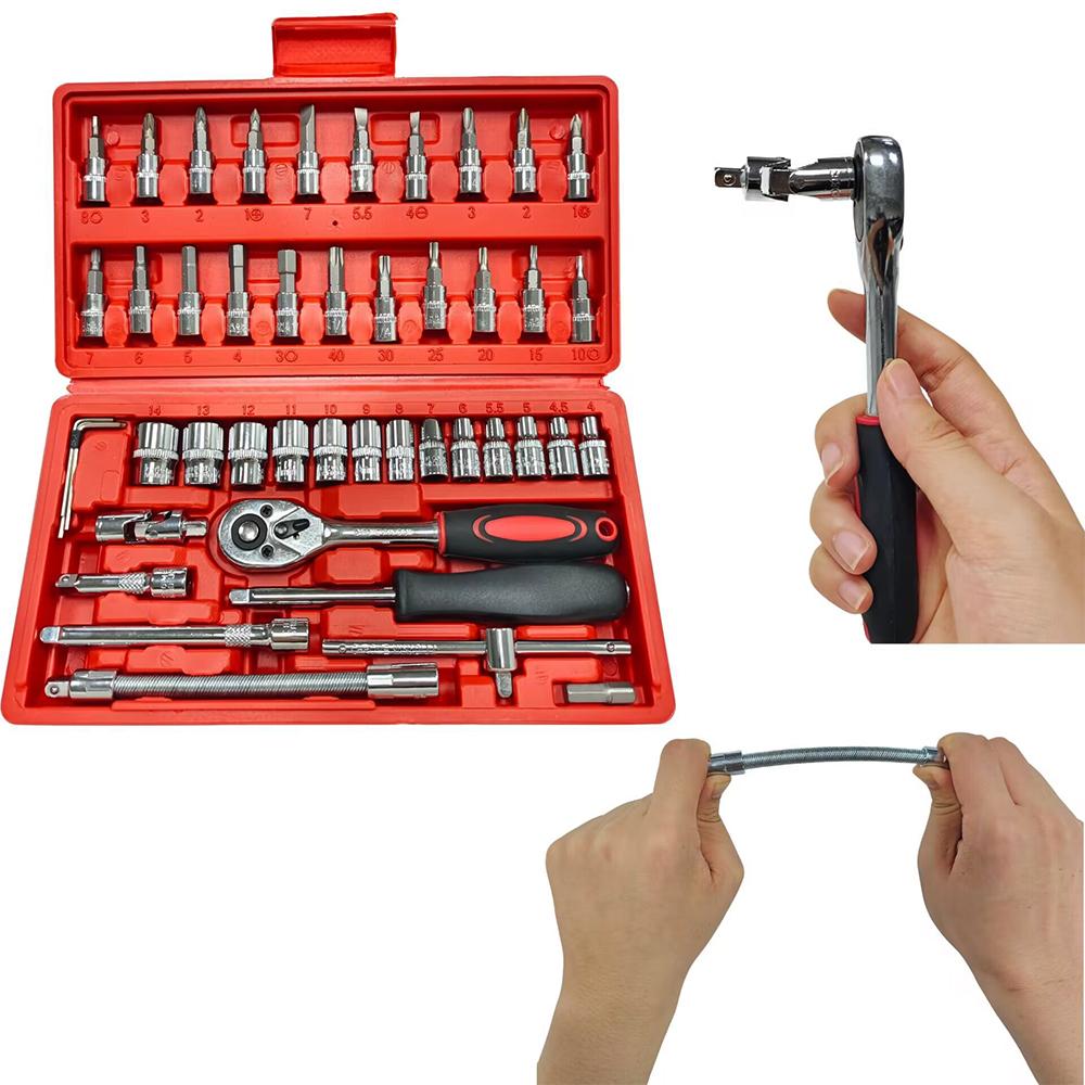 46pcs 46-in-1 Combination Mechanic Socket Wrench Tool Set Hard Case Customizable  for Car Motorcycle Bicycle Repair