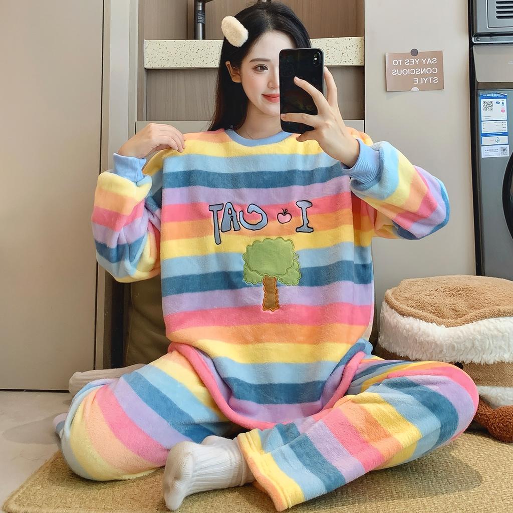 New 2025 Autumn Winter Warm Flannel Women Pijama Sets Thicken Coral Velvet Long Sleeve Cute cartoon purple Sleepwear Set Thin Flannel Pajamas Set