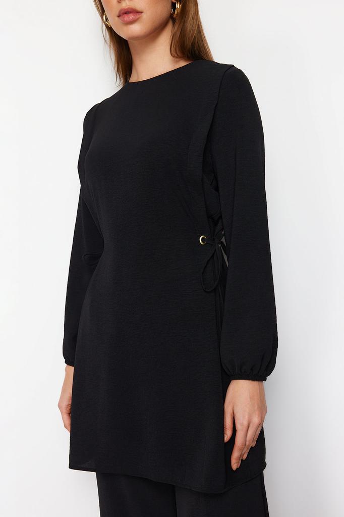 Women's Fashion Black Eyelet Tie Detailed Aerobin Tunic-Pants Set