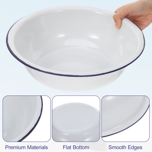 Healeved Vintage Enamel Wash Basin, Footbath, Multi-Purpose Enamel Wash Basin for Washing Face, Foot Bath, and Laundry, Blue Rim, White, 30 X 9 Cm