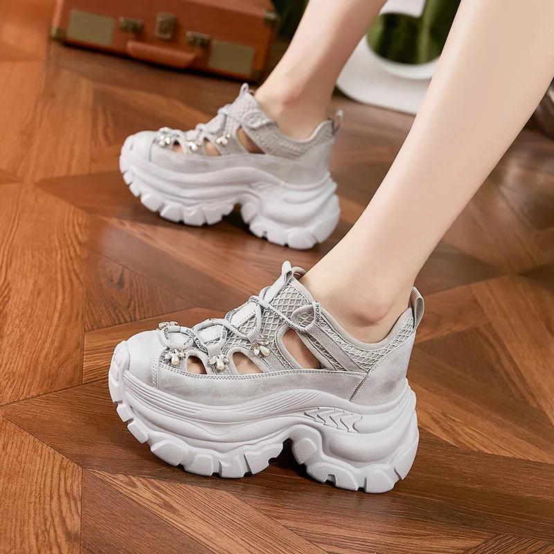 Fashion 9CM Air Mesh Microfiber Leather Comfy Booties Chunky Sneaker Ankle Boots Platform High Brand Fashion Spring Summer Shoes Women