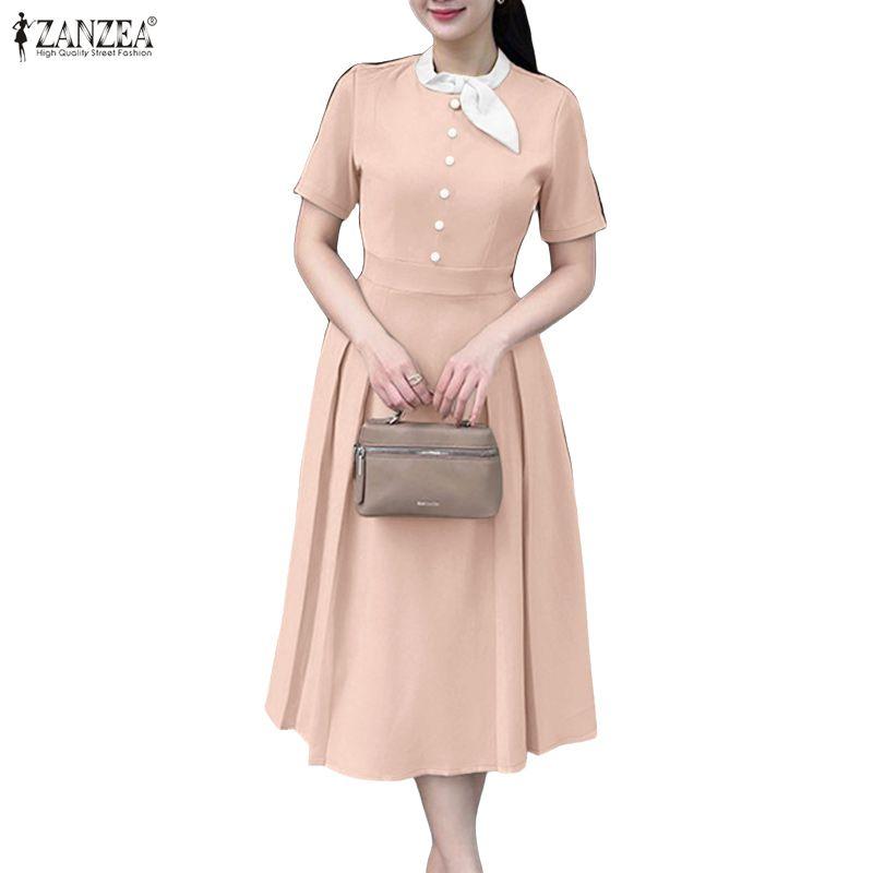 ZANZEA Women Splice Round Neck Casual Short Sleeve Dress