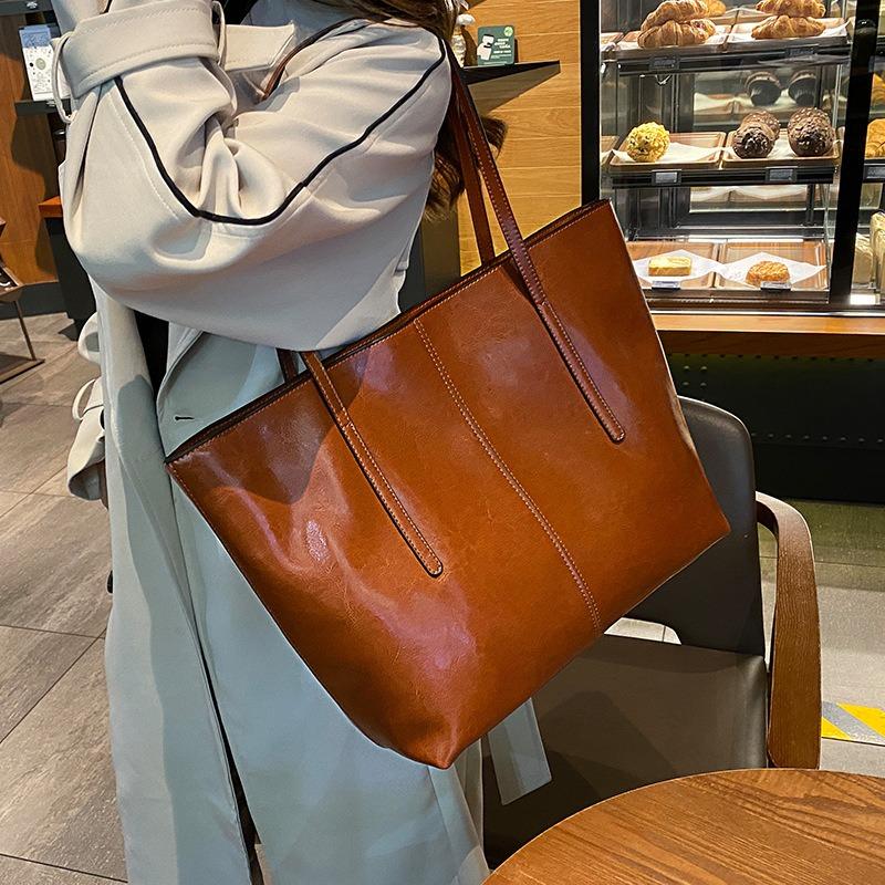Commuter fashion women's bags, versatile leather tote bags, foreign-style texture large-capacity cowhide women's shoulder bags