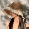 Women's Summer Crochet Straw Hat Wide Brim Ribbon Lace Edge Sun Hat Outdoor Seaside Foldable Sunshade Hat