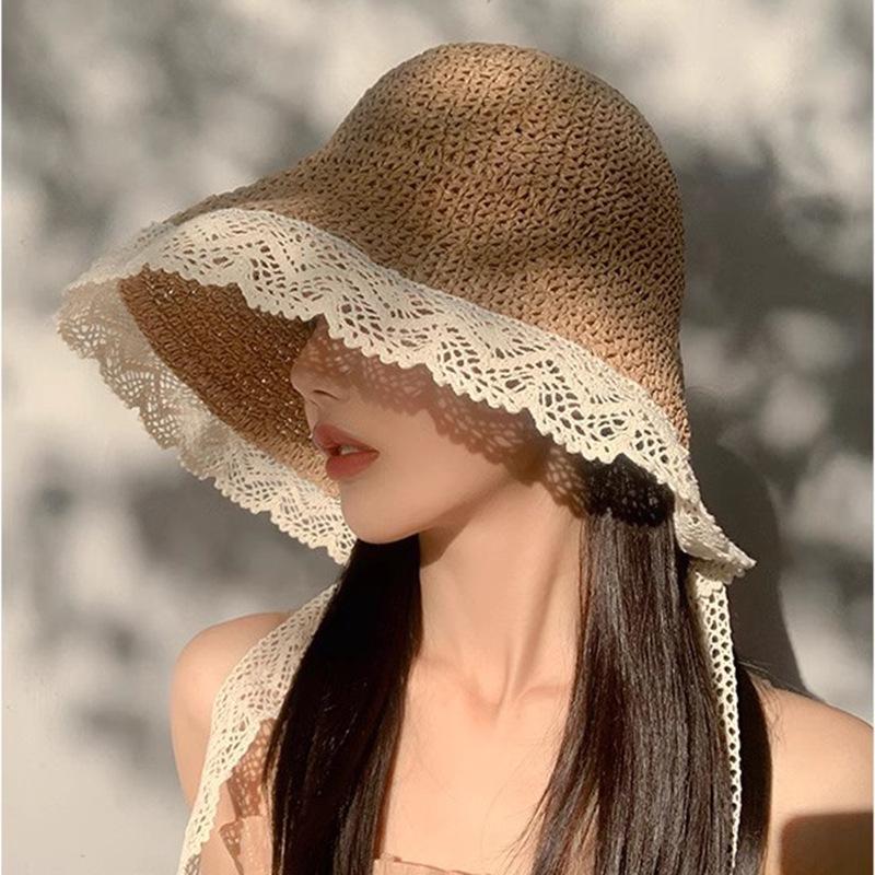 Women's Summer Crochet Straw Hat Wide Brim Ribbon Lace Edge Sun Hat Outdoor Seaside Foldable Sunshade Hat