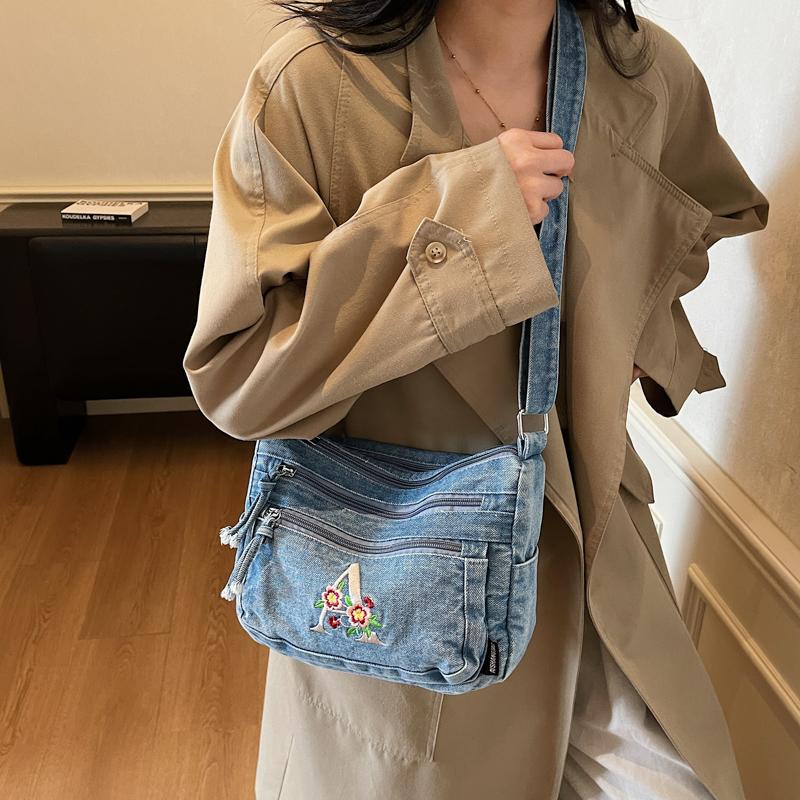 Multi-layer Denim Bag Vintage Shoulder Bag Women's Embroidered Crossbody Bag