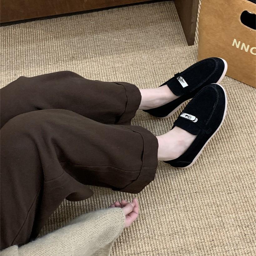 Retro suede loafers Doudou shoes one-pedal single shoes autumn and winter soft-soled low-heeled women's shoes British small leather shoes