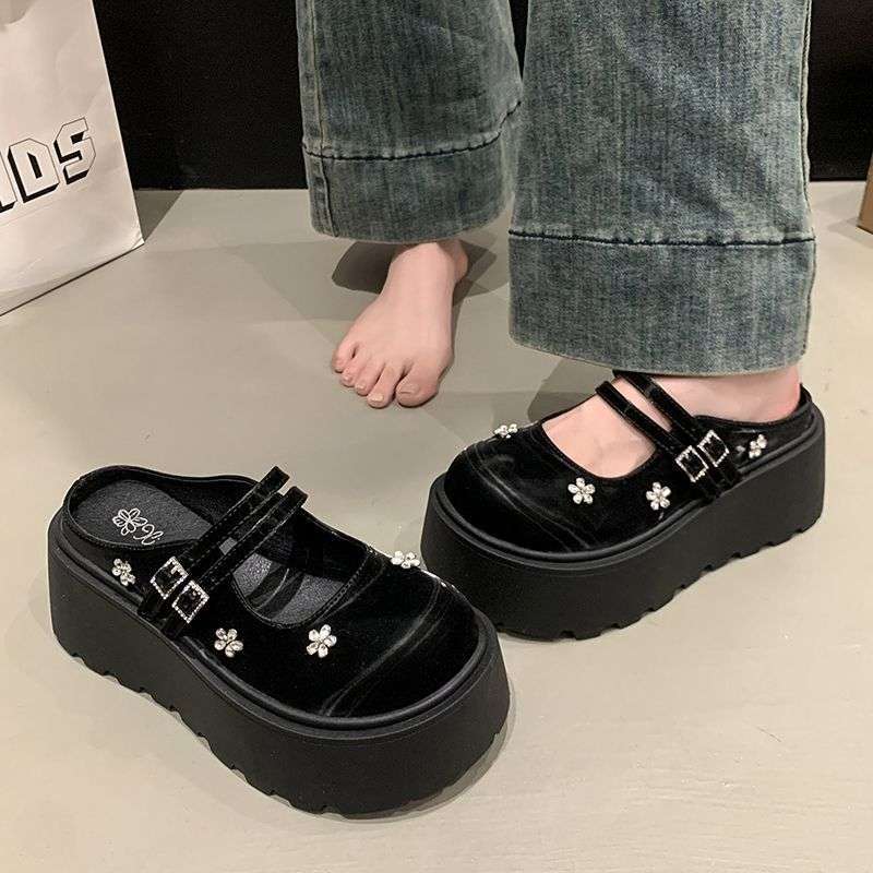 

Туфли Мэри Джейн на толстой подошве с платформой женские туфли 2025 новые маленькие двойные ремешки стразы лакированная кожа увеличивающие рост полушлепанцы женские 40 Favorites Priority Shipping